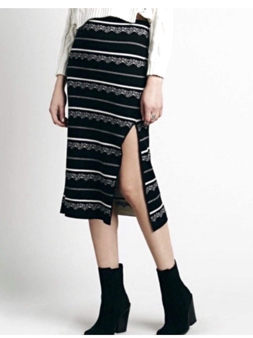 Free People Black & White Midi Sweater Skirt with Side Slit Medium